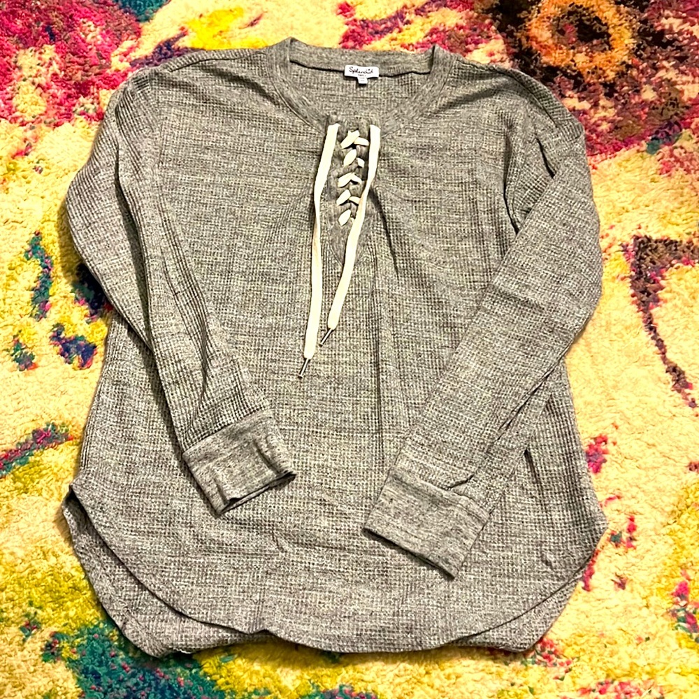 Like new waffle knit henley w lace up detail
